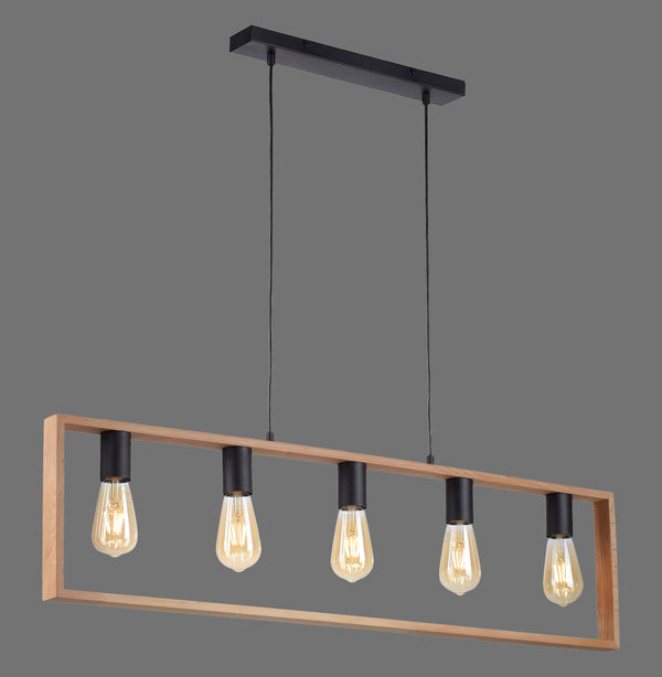 Suspension Franky 5 lumières noire et bois