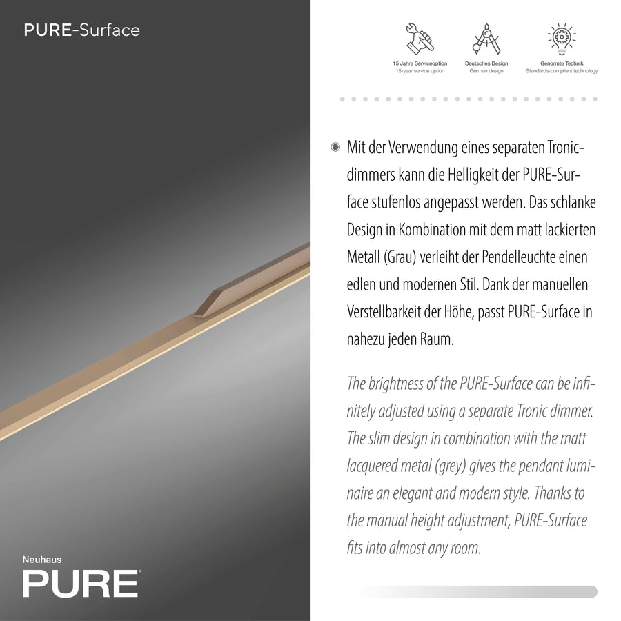Détail de la finition métal laqué mat et texte descriptif en allemand.