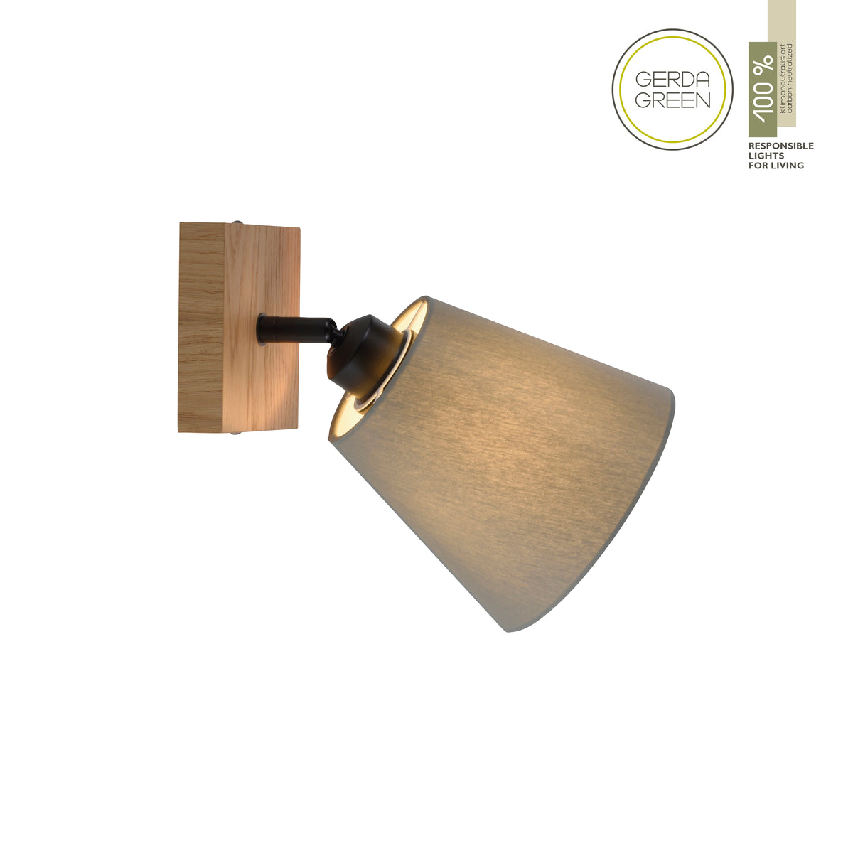 Sur fond blanc, applique murale de profil avec logo Gerda Green et mention 100% responsable.