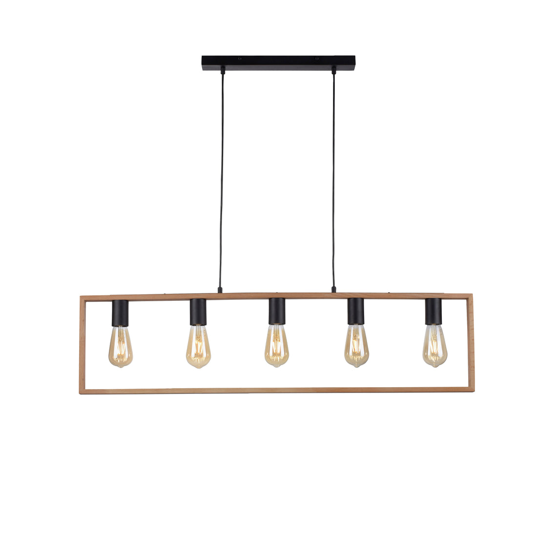 Suspension Franky 5 lumières noire et bois