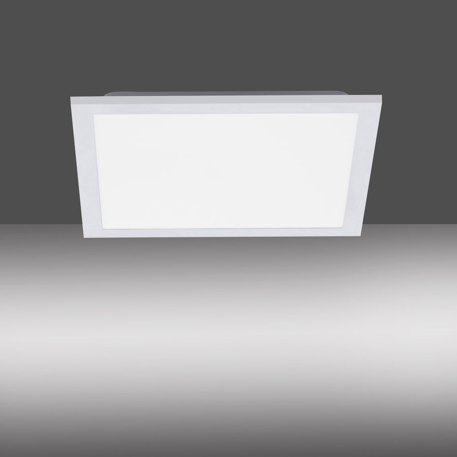 Luminaire rectangulaire blanc éteint de face, ombre portée sur fond dégradé