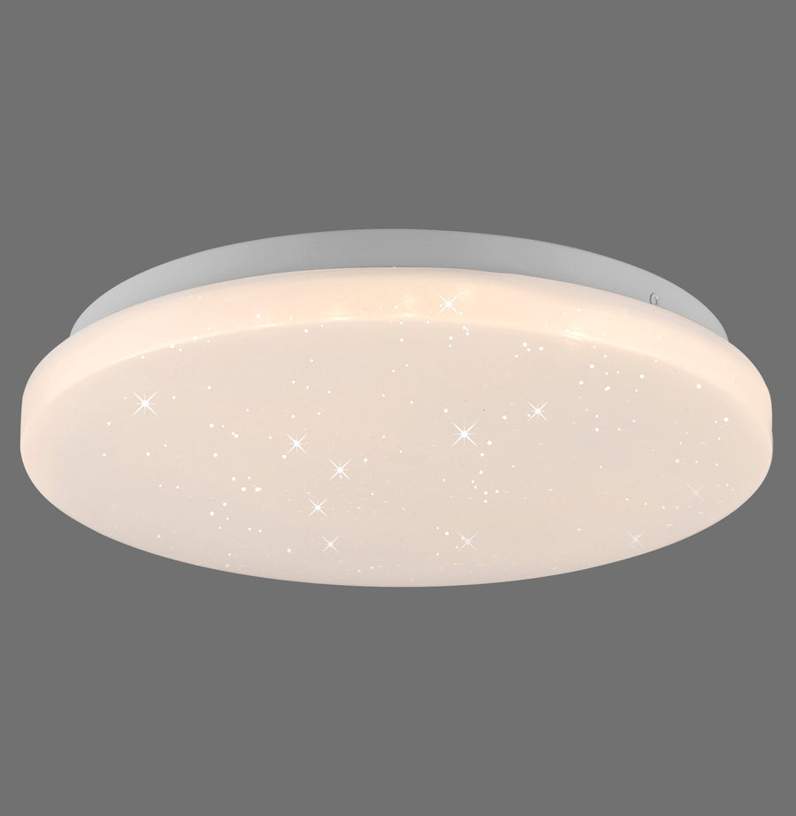 Plafonnier rond blanc allumé, effet ciel étoilé, vu de face sur fond gris