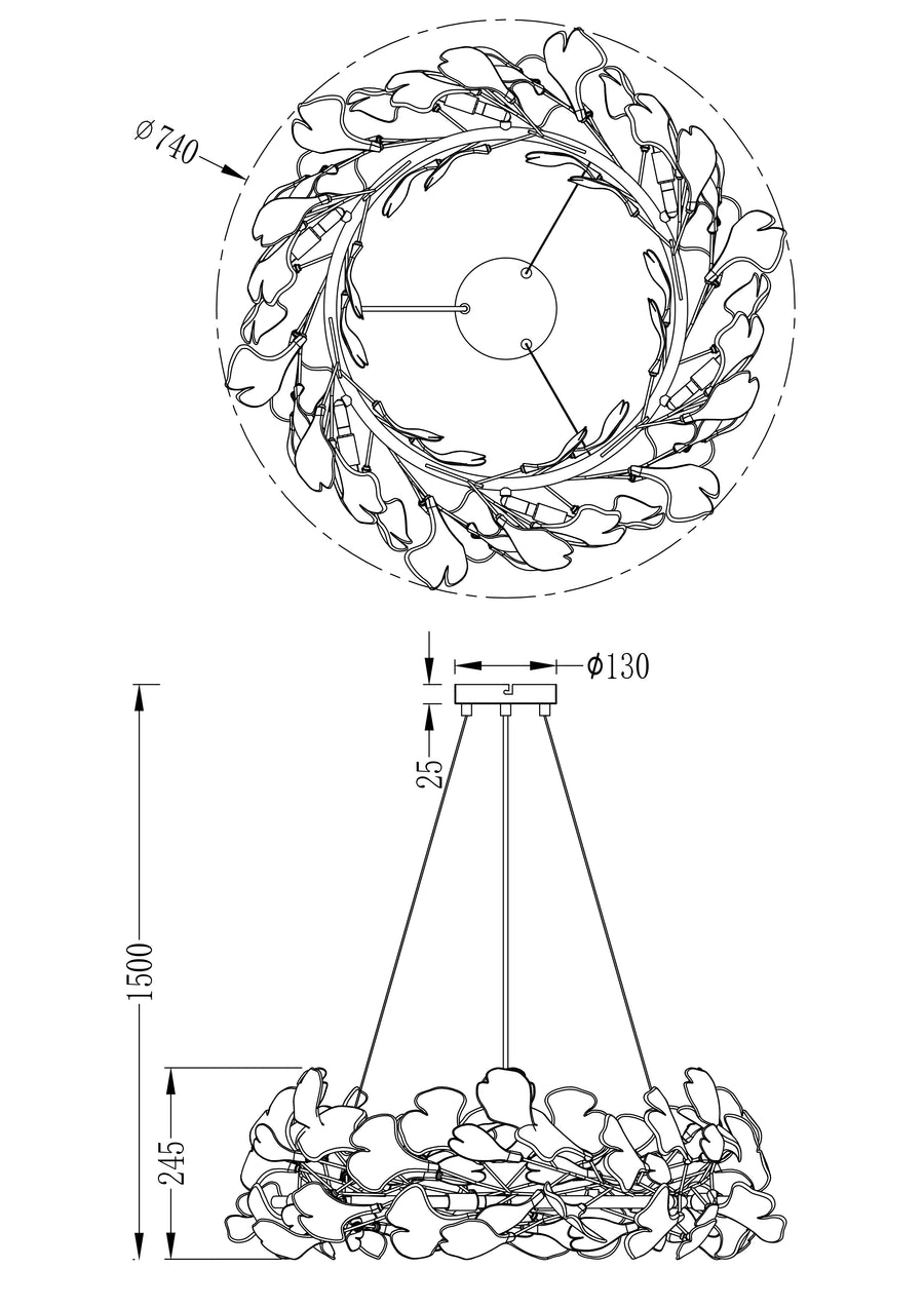 Suspension Leaf 6 lumières dorée, céramique