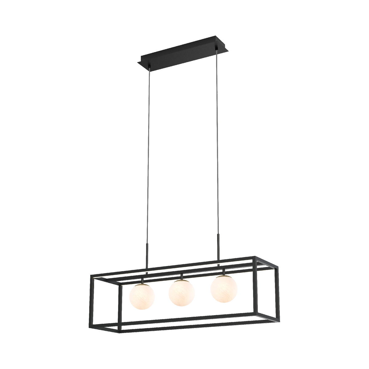 Vue de face du luminaire suspendu avec sa platine de fixation et ses câbles