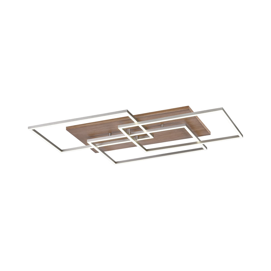 Vue en perspective du plafonnier montrant les rectangles lumineux croisés et la base en bois
