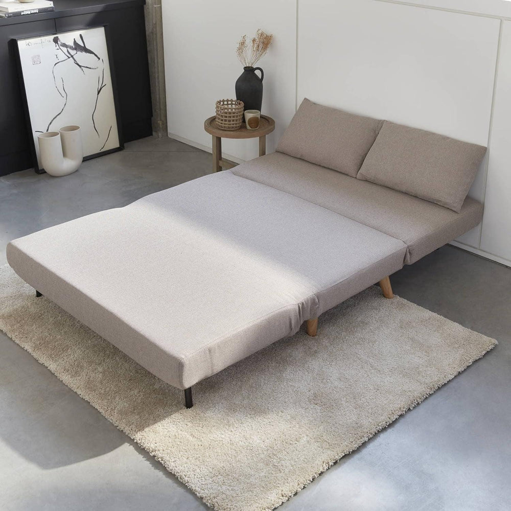 Alice'S Home - Canapé Convertible En Tissu - Guesta - 2 Places Scandinave. Pieds Bois Foncé. Beige. Banquette. Dossier Inclinable | Designix -     - https://designix.fr/