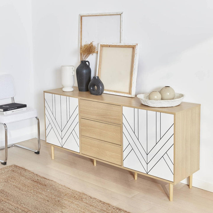 Alice'S Home - Buffet De Rangement Décor Bois Et Blanc - Mika - 2 Niveaux. 2 Portes. 3 Tiroirs. L 160 X L 40 X H 74Cm | Designix - Amazon    - https://designix.fr/