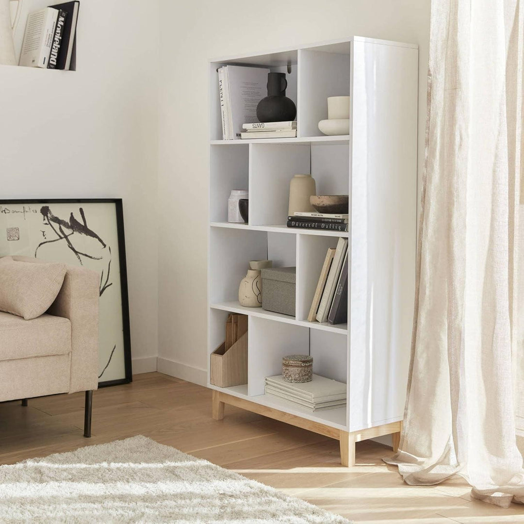 Alice'S Home - Bibliothèque Scandinave Blanche. Étagère Asymétrique - Floki - Pieds En Bois De Sapin. 4 Étagères. 8 Compartiments. 80X30X138Cm | Designix - Amazon    - https://designix.fr/