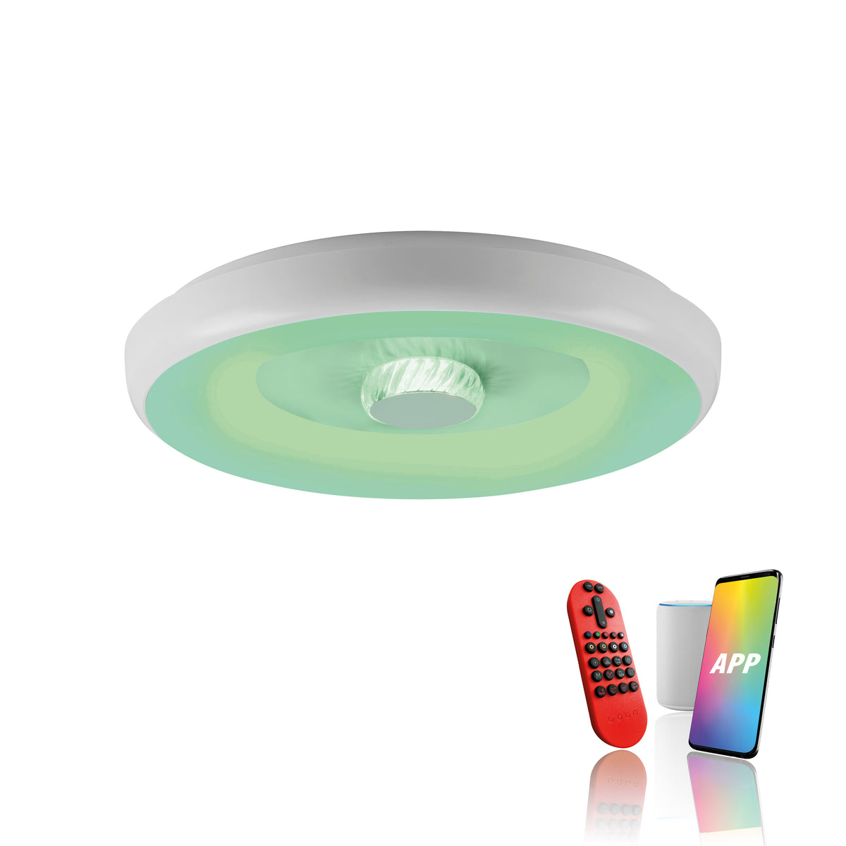 Plafonnier blanc avec télécommande rouge, enceinte et application mobile pour réglages.