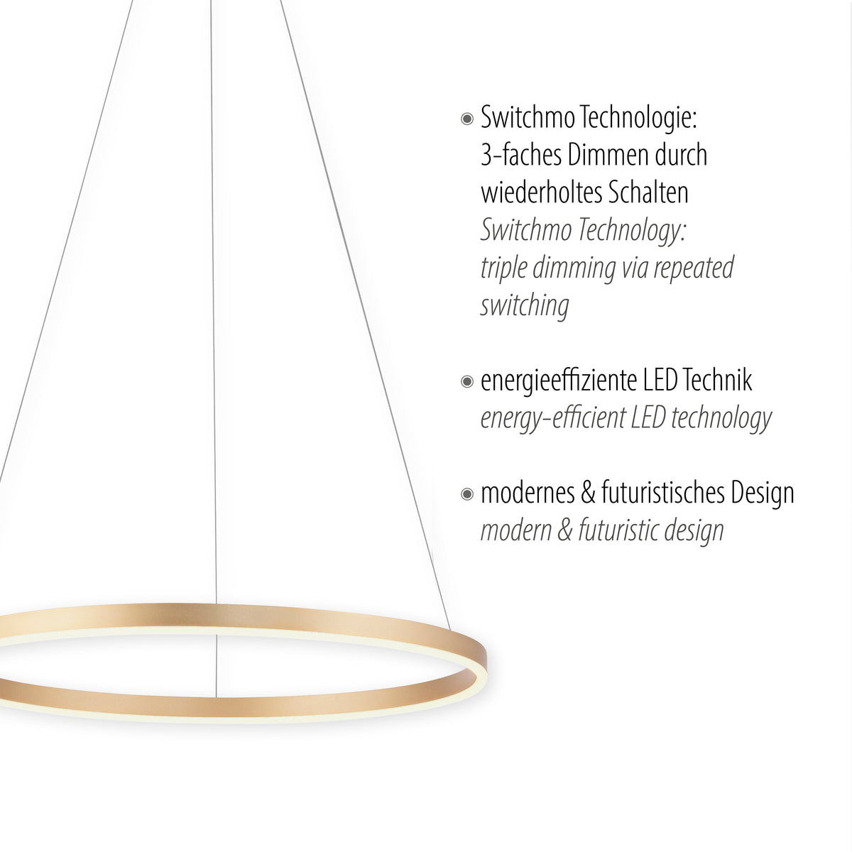 Détail de l'anneau lumineux et texte vantant la technologie LED et le design moderne.