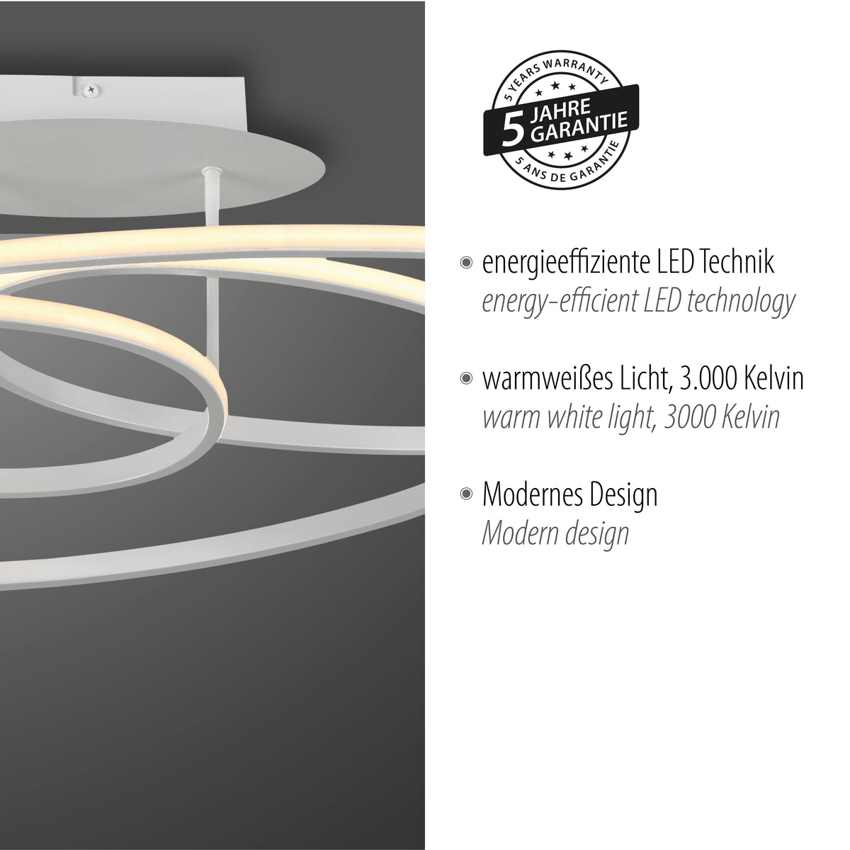 Gros plan des cercles LED avec mention de garantie cinq ans et design moderne.