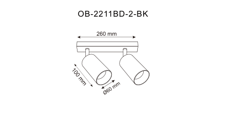 Schéma coté du plafonnier : largeur 260 mm, spots de 100 mm et diamètre 60 mm