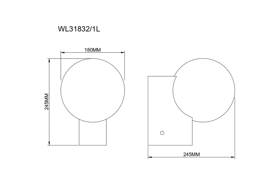 Schéma technique coté du luminaire : hauteur 245 mm et largeur 180 mm