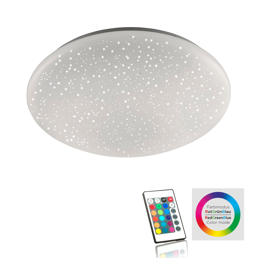 Plafonnier blanc présenté avec télécommande et nuancier RGB en mode couleur.