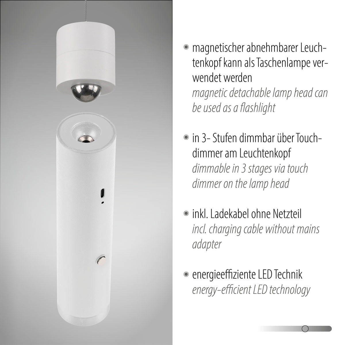 Détail du luminaire avec tête magnétique détachable et texte explicatif sur le variateur et la batterie.