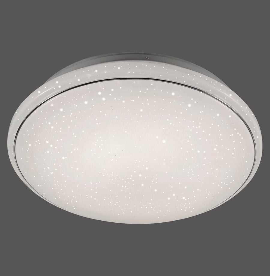 Plafonnier rond blanc de face, verre moucheté effet ciel étoilé