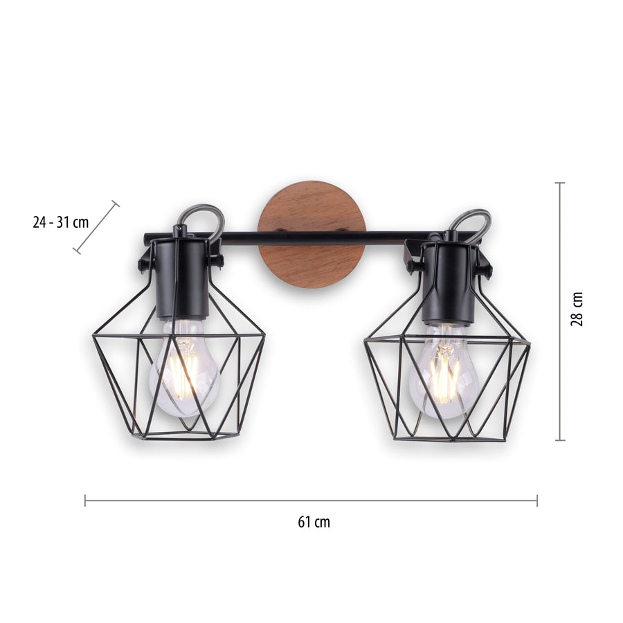 Plafonnier Jaro 2 lumières noir et bois