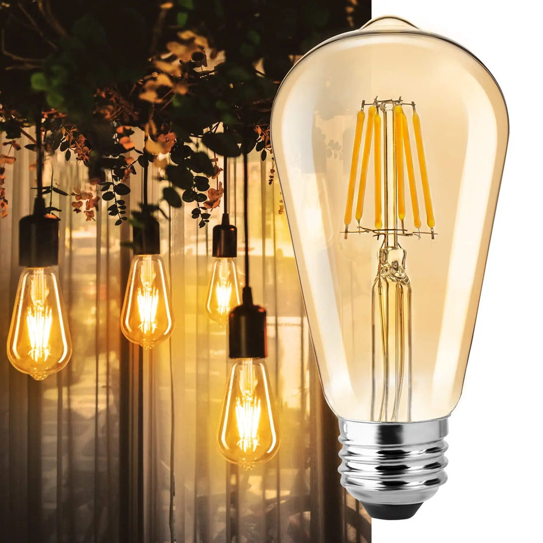 6pcs ST64 Dimmable LED Filament Light Bulb E27 220V 6W 2200K Amber Glass Vintage Edison Led Lights Decoration Energy Saving Lamp | Designix -     - https://designix.fr/