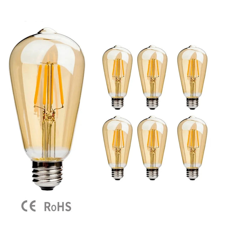 6pcs ST64 Dimmable LED Filament Light Bulb E27 220V 6W 2200K Amber Glass Vintage Edison Led Lights Decoration Energy Saving Lamp | Designix -     - https://designix.fr/