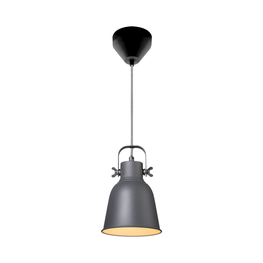 Suspension anthracite complète sur fond blanc, câble tressé et abat-jour conique allumé.