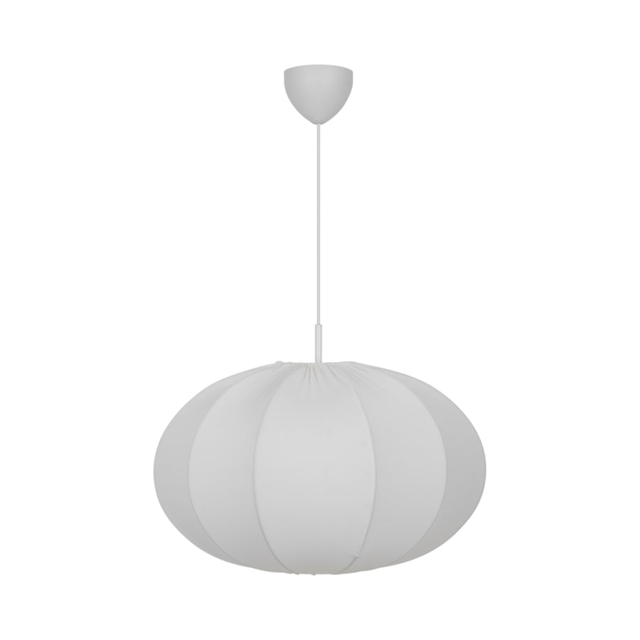 Luminaire éteint, abat-jour en tissu blanc mat vu de face, fixation visible