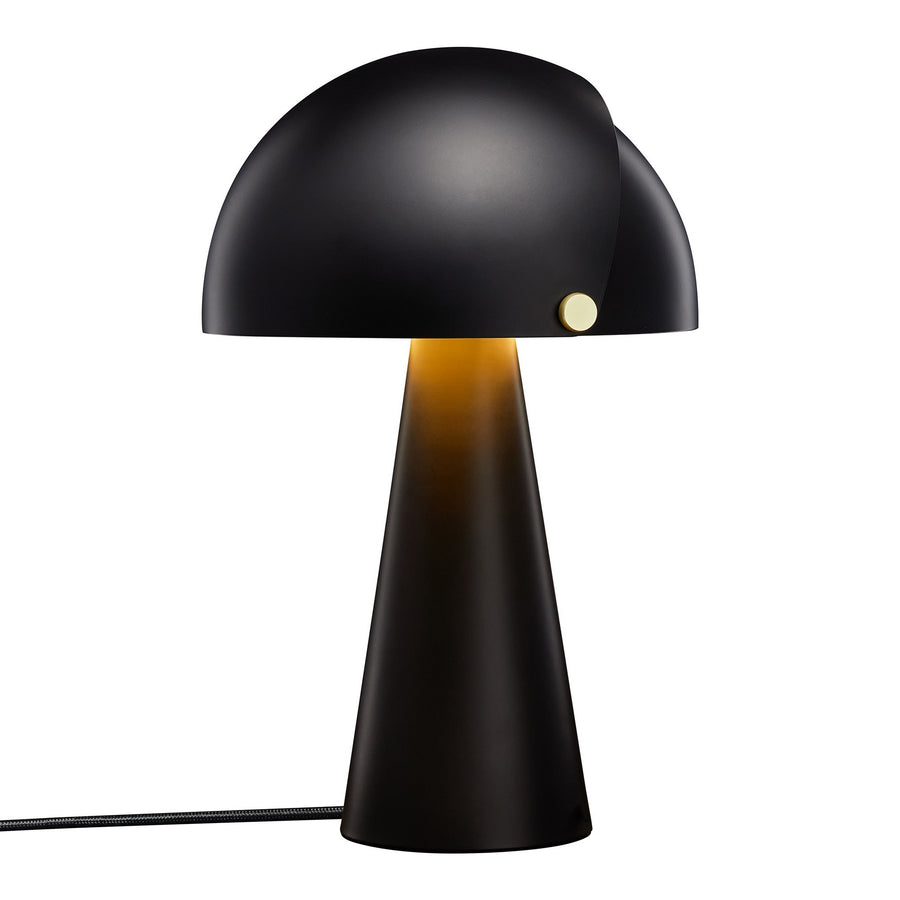 Lampe à poser noire de face avec abat-jour dôme et bouton doré.