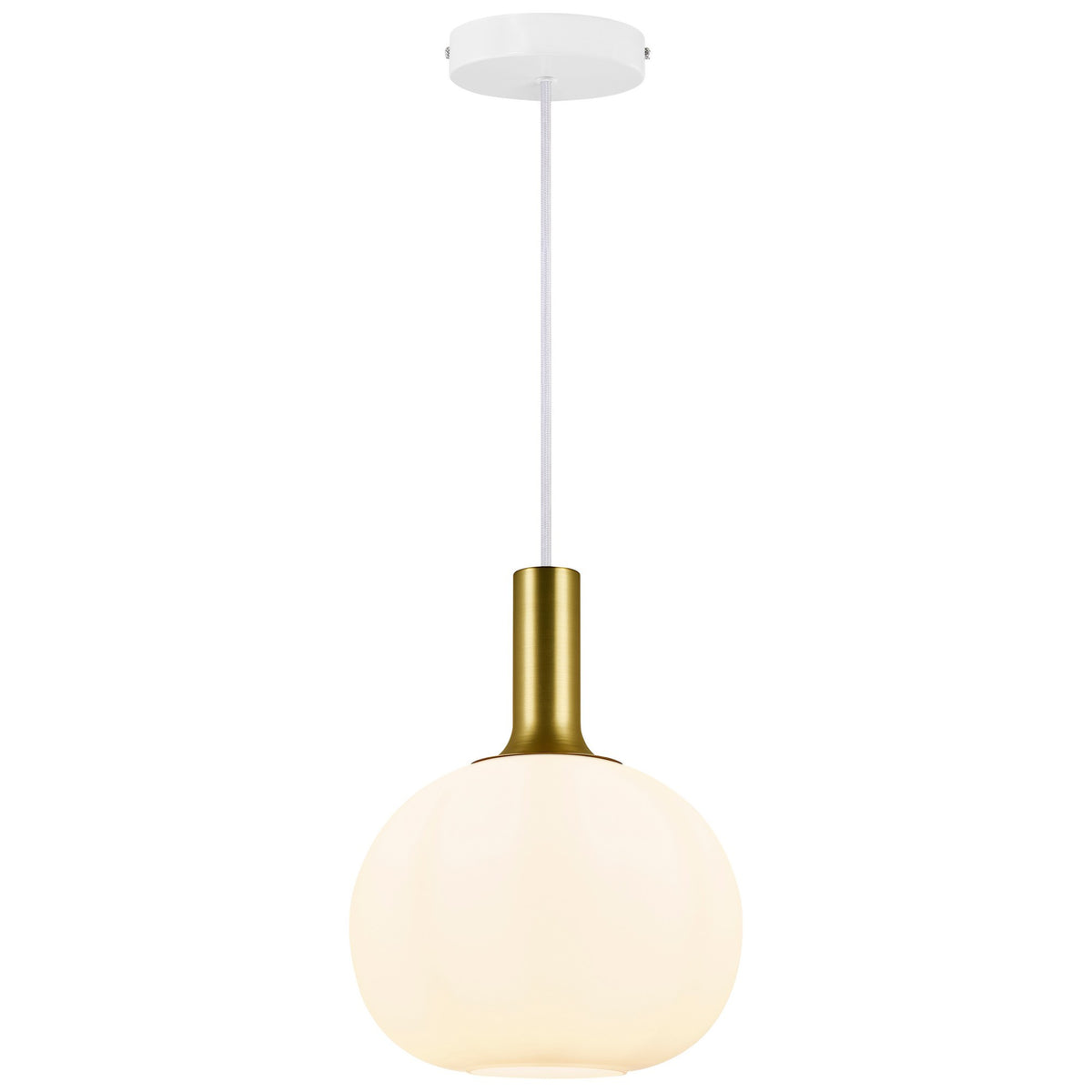 Suspension finition laiton doré, rosace blanche et globe en verre opalin