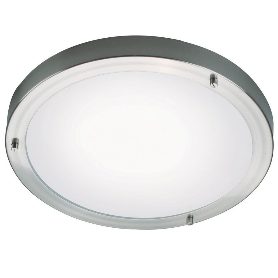 Vue de dessous du plafonnier rond, cerclage acier brossé et diffuseur en verre blanc
