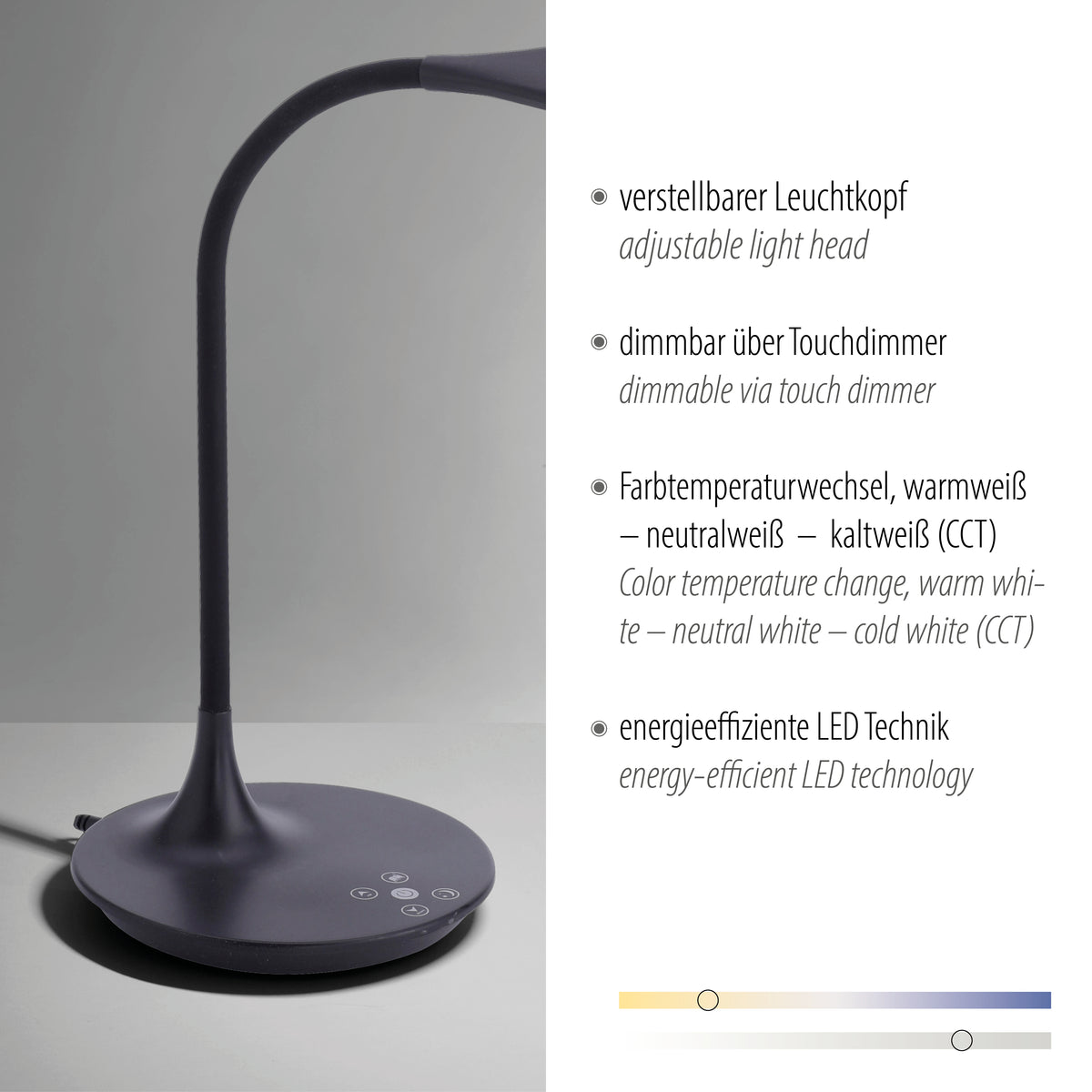 Détail produit avec tête orientable, variateur tactile et changement de température de couleur.