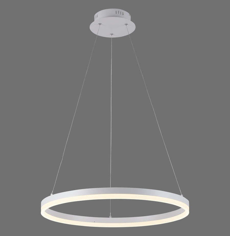 Suspension anneau blanc lumineux vu de face sur fond gris uni
