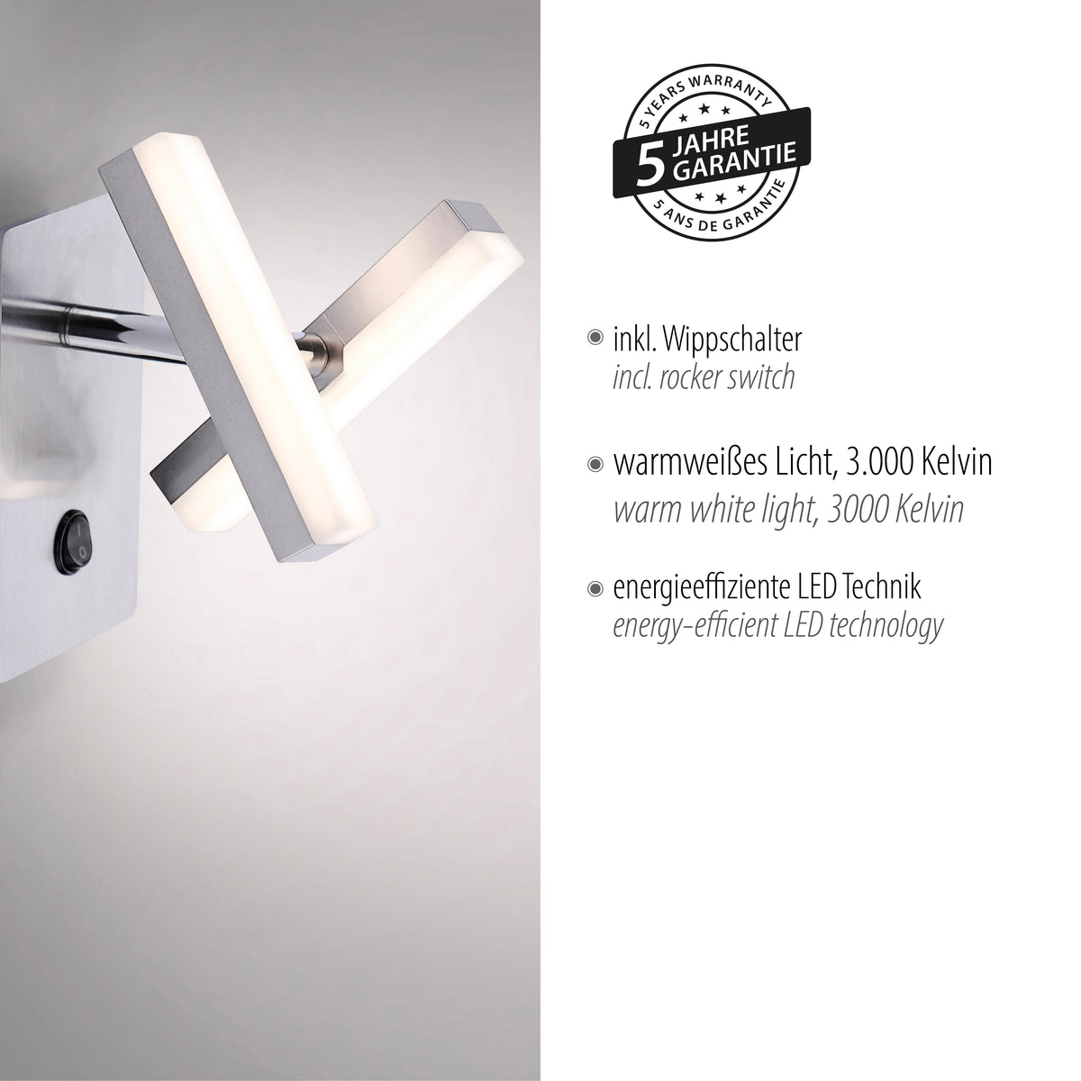 Détail du luminaire avec badge de garantie cinq ans et caractéristiques LED