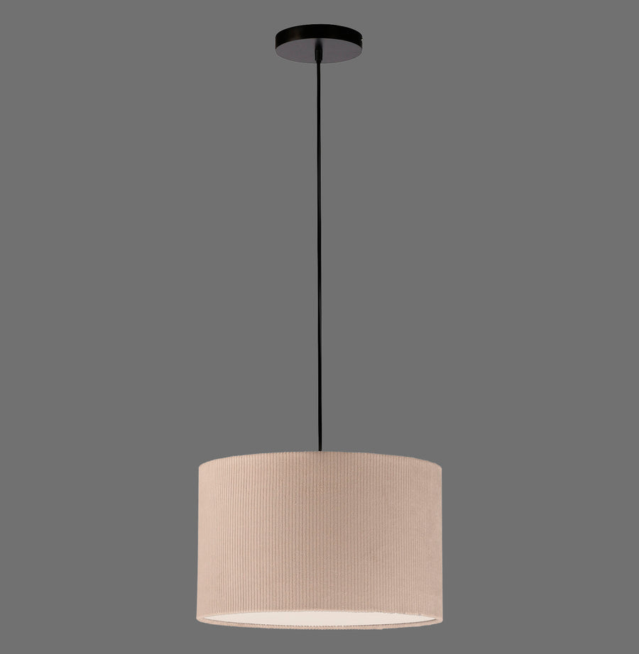 Suspension beige clair vue de face sur fond gris, câble noir et rosace