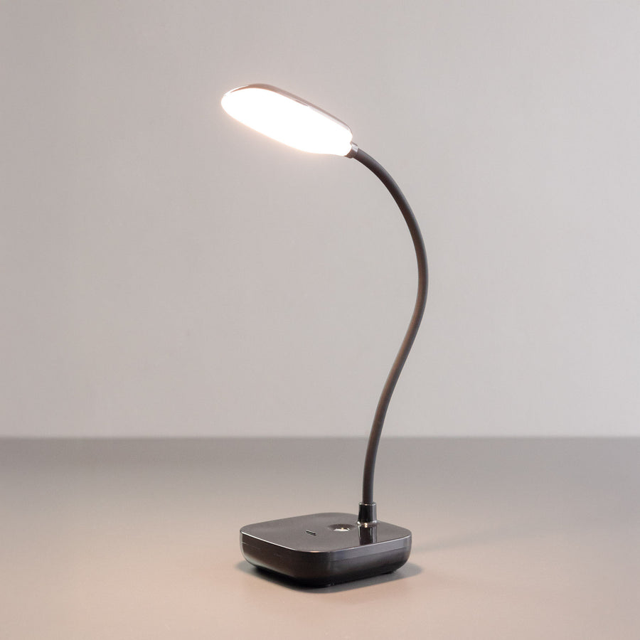 Lampe allumée, lumière blanche, tête ovale orientée vers le bas sur fond clair.