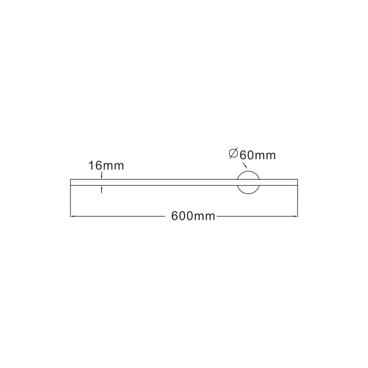 Schéma coté indiquant une longueur de 600 mm, épaisseur 16 mm et diamètre 60 mm.