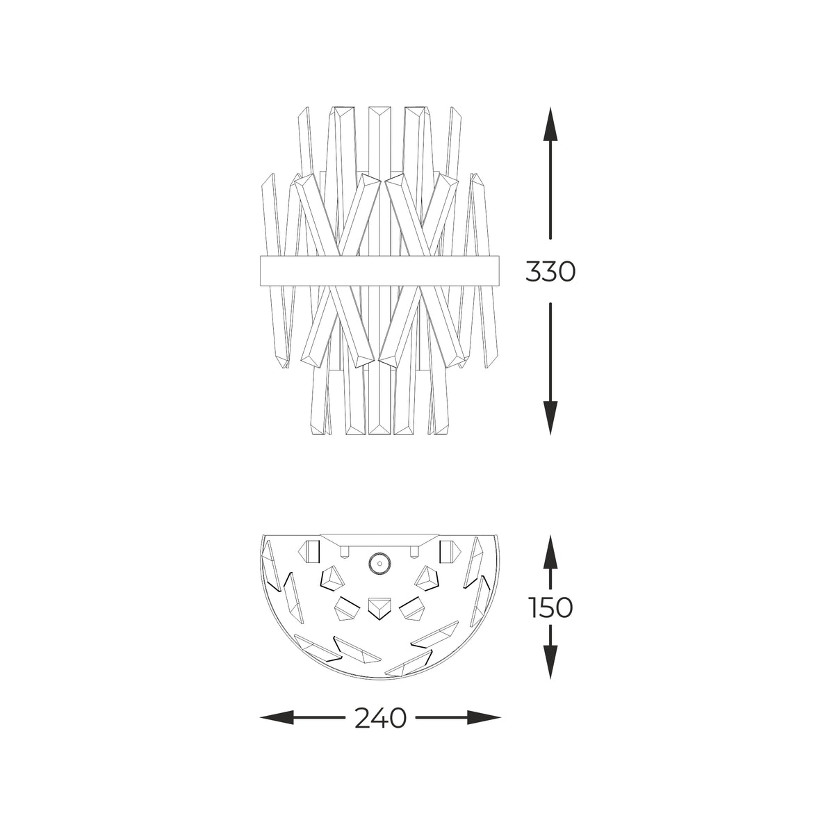 Schéma coté du luminaire : hauteur 330 mm, profondeur 150 mm, largeur 240 mm