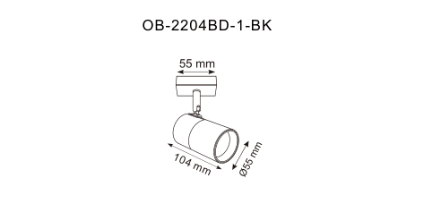 Schéma coté du spot : base carrée 55 mm, longueur 104 mm, diamètre 55 mm