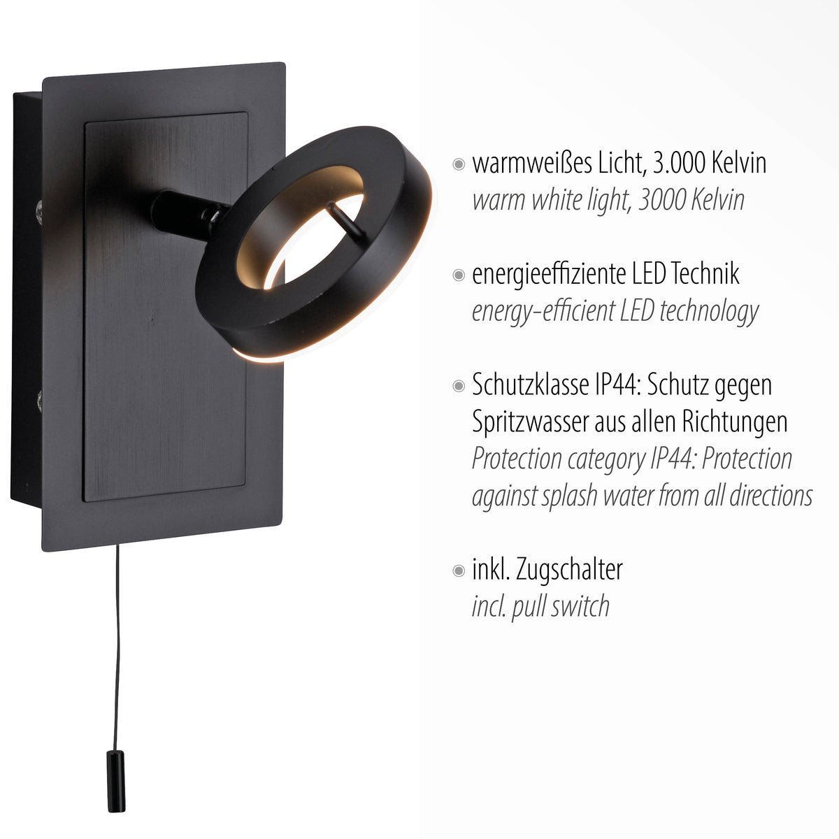 Détail technique avec textes allemands sur température de couleur, LED, IP44 et interrupteur à tirette
