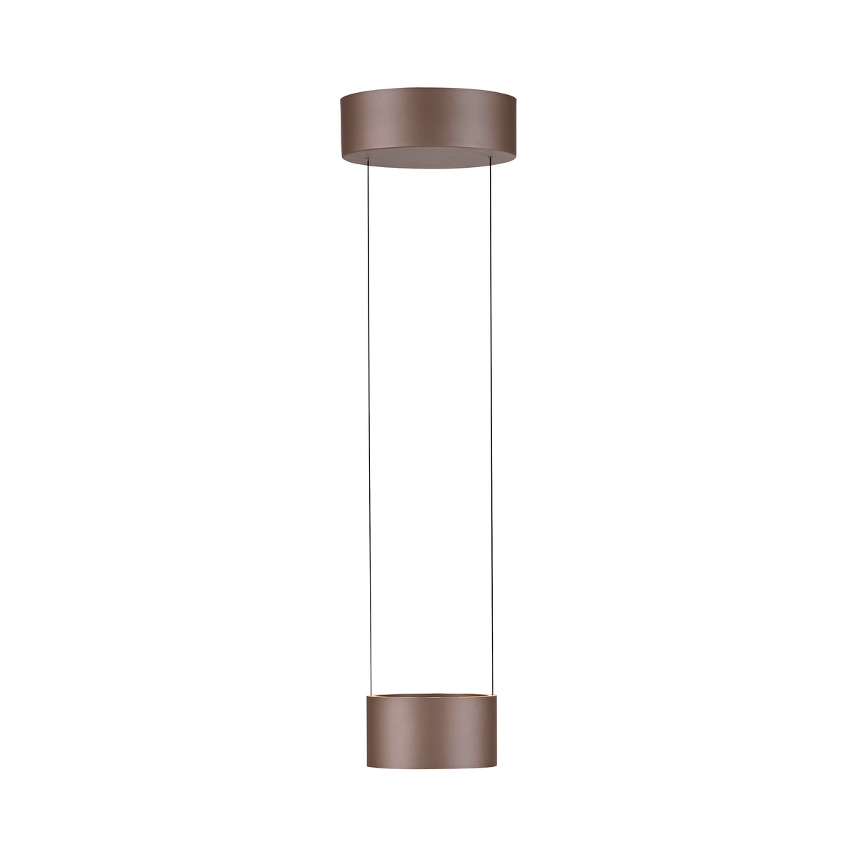 Vue de face sur fond blanc du luminaire suspendu montrant la silhouette cylindrique et les câbles.