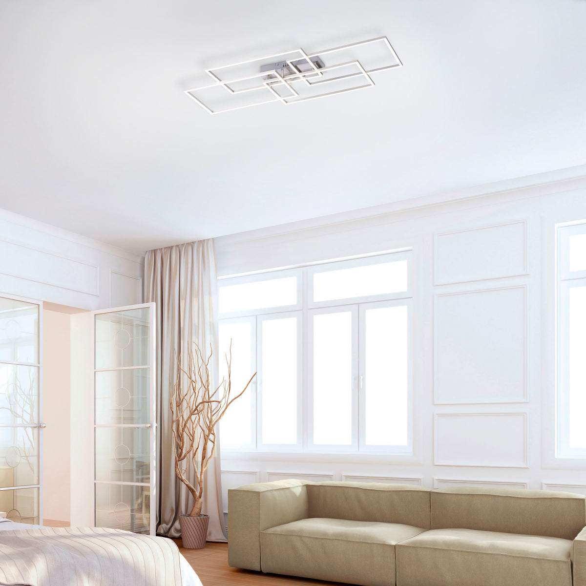 Mise en ambiance du plafonnier installé au plafond dans une chambre moderne