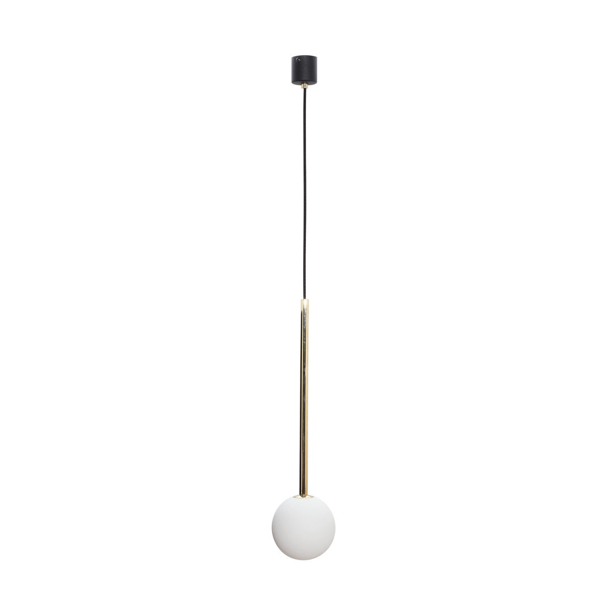 Vue d'ensemble de la suspension noire et dorée avec diffuseur sphérique en verre