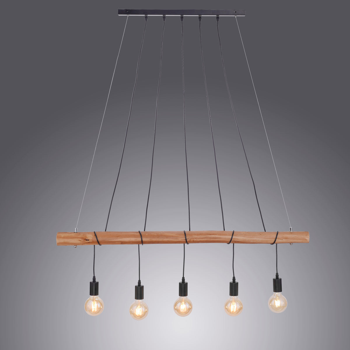 Autre angle de la suspension montrant la poutre en bois et les cinq points lumineux