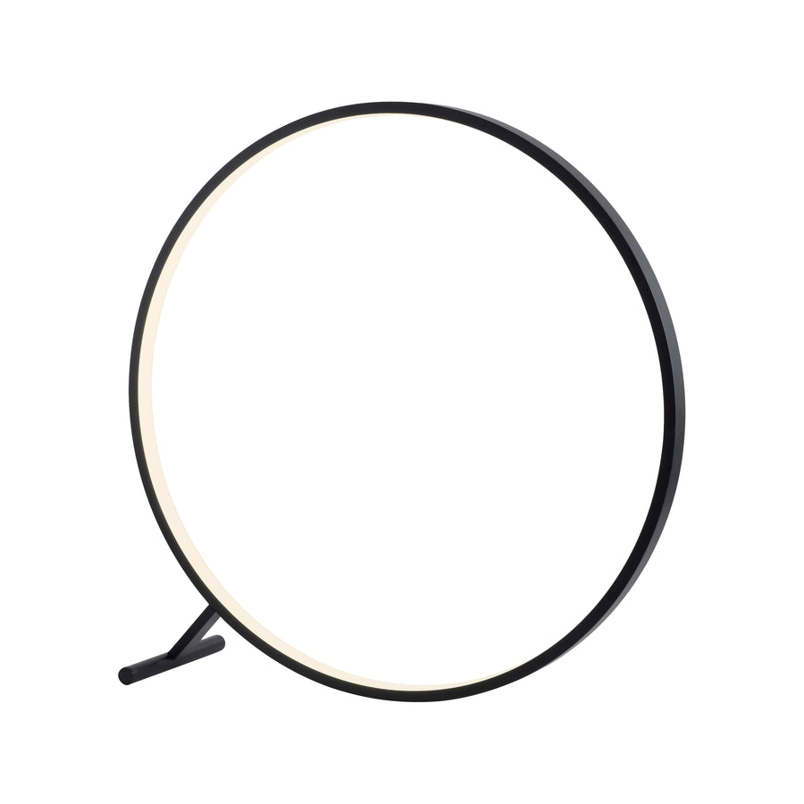 Lampadaire annulaire noir de face, cercle lumineux blanc intégré.
