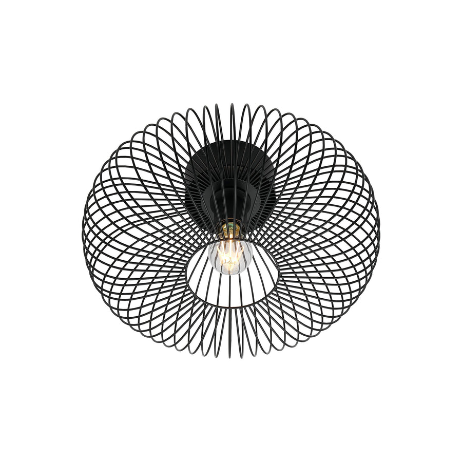 Vue de face du plafonnier noir, structure ovale en fil métallique avec ampoule apparente.