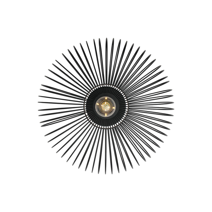 Vue de dessus du plafonnier montrant la base circulaire noire et les tiges rayonnantes.