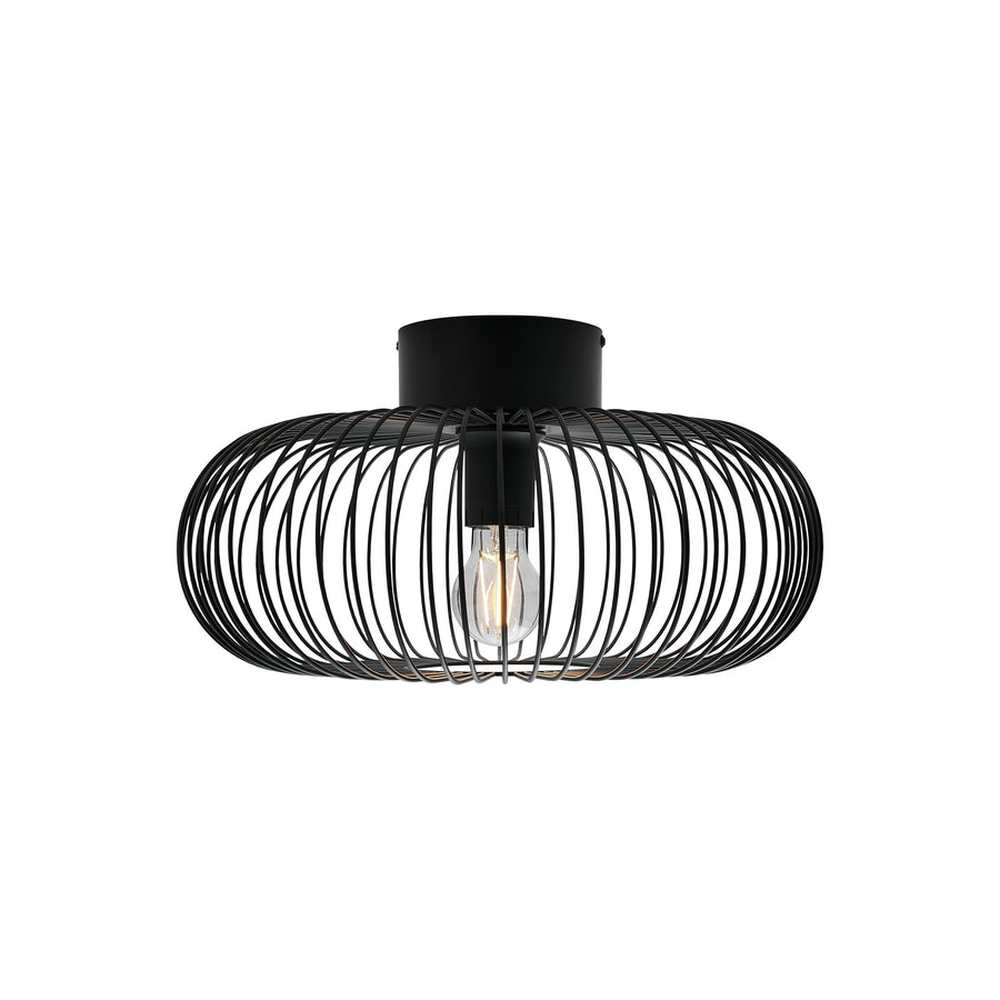 Profil du plafonnier noir fixé au plafond, cage ovale et ampoule Edison visible.