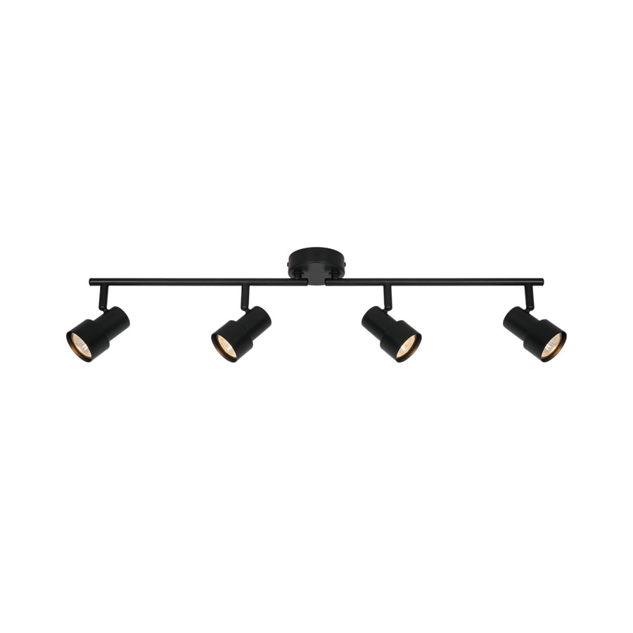 Vue de face du plafonnier noir à quatre spots cylindriques orientables sur rail horizontal