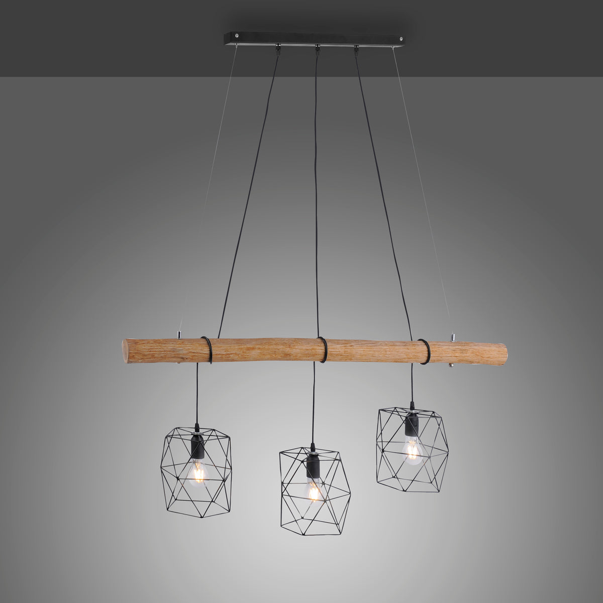 Plan large du luminaire allumé sur fond gris dégradé montrant le rail plafond noir