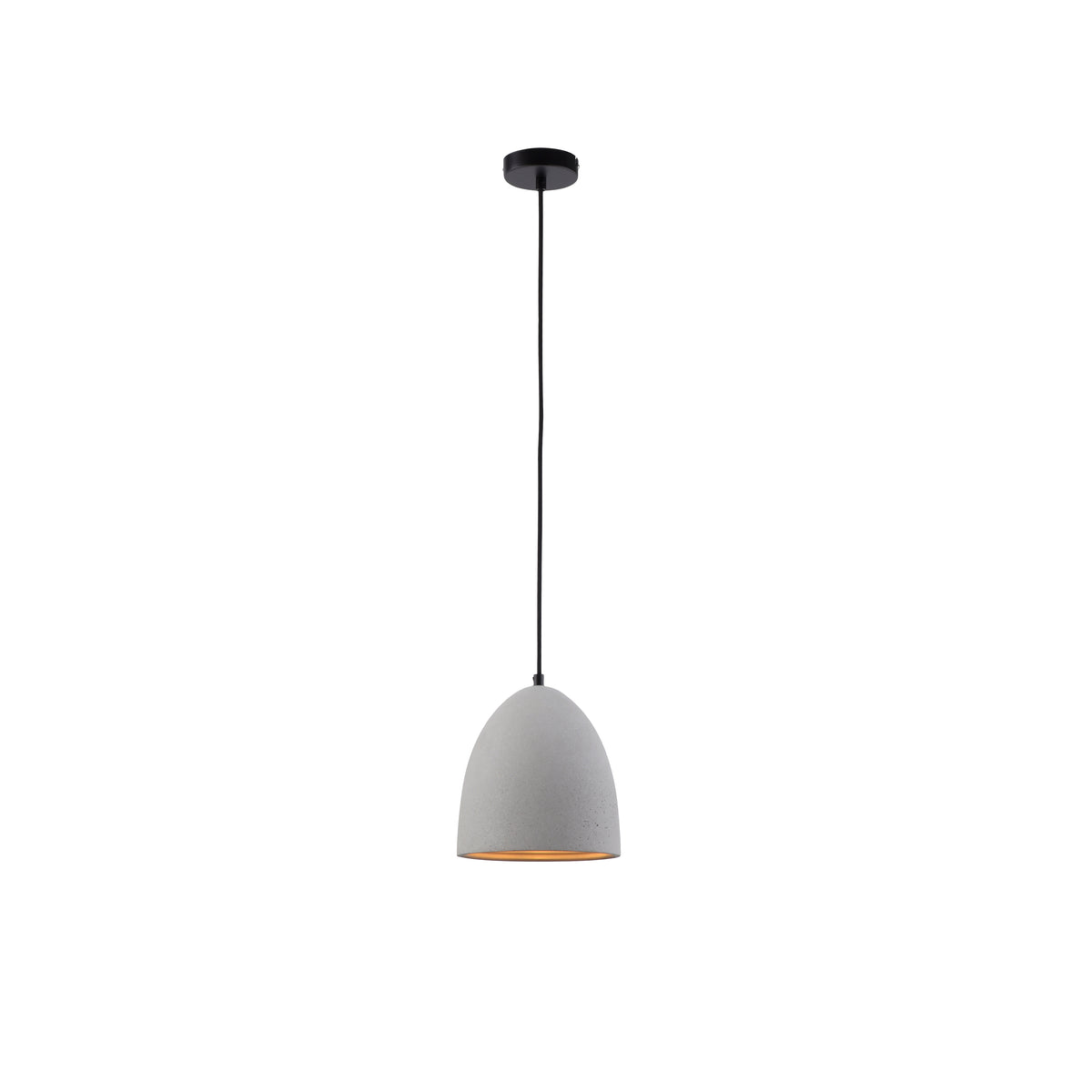 Suspension en béton gris, vue de face sur fond blanc, câble noir, intérieur doré.