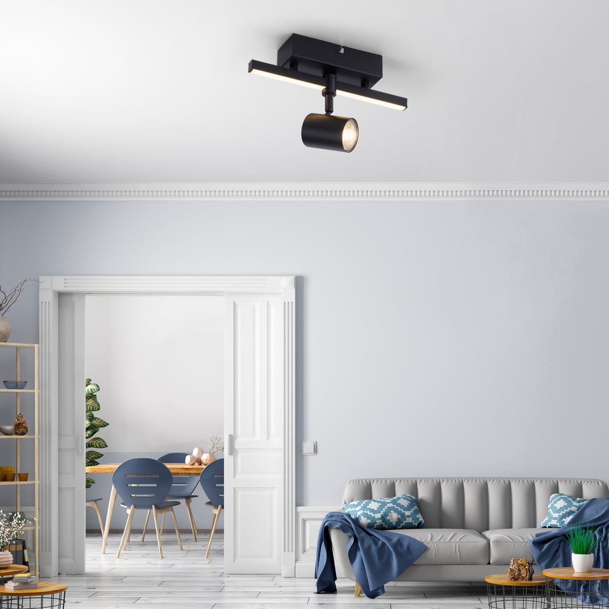 Mise en ambiance du plafonnier fixé au plafond d'un salon contemporain lumineux