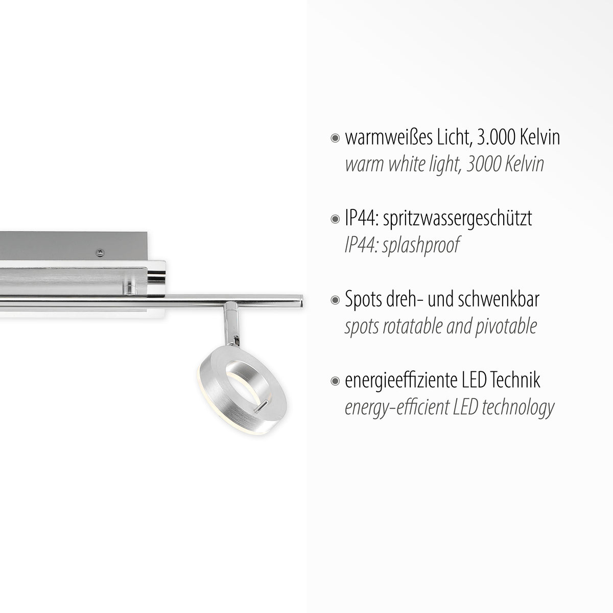 Détail des spots orientables et liste des caractéristiques techniques : lumière chaude et technologie LED.